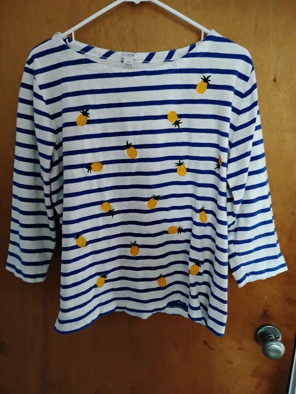 J.Crew White Blue Stripped Pineapple Cotton Shirt Teacher Summer Fun Size XXL